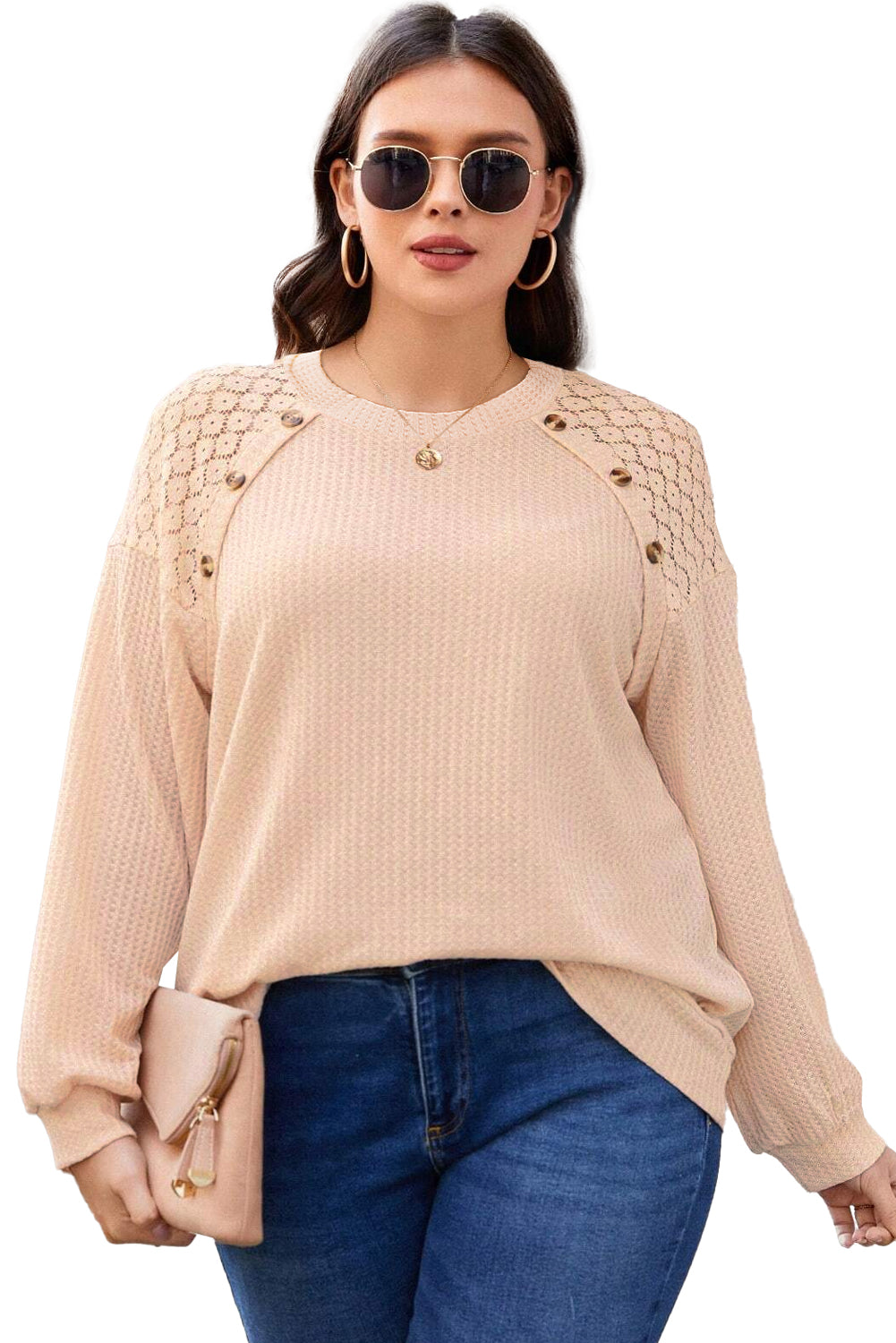 Beige Plus Size Lace Patchwork Buttons Waffle Knit Top