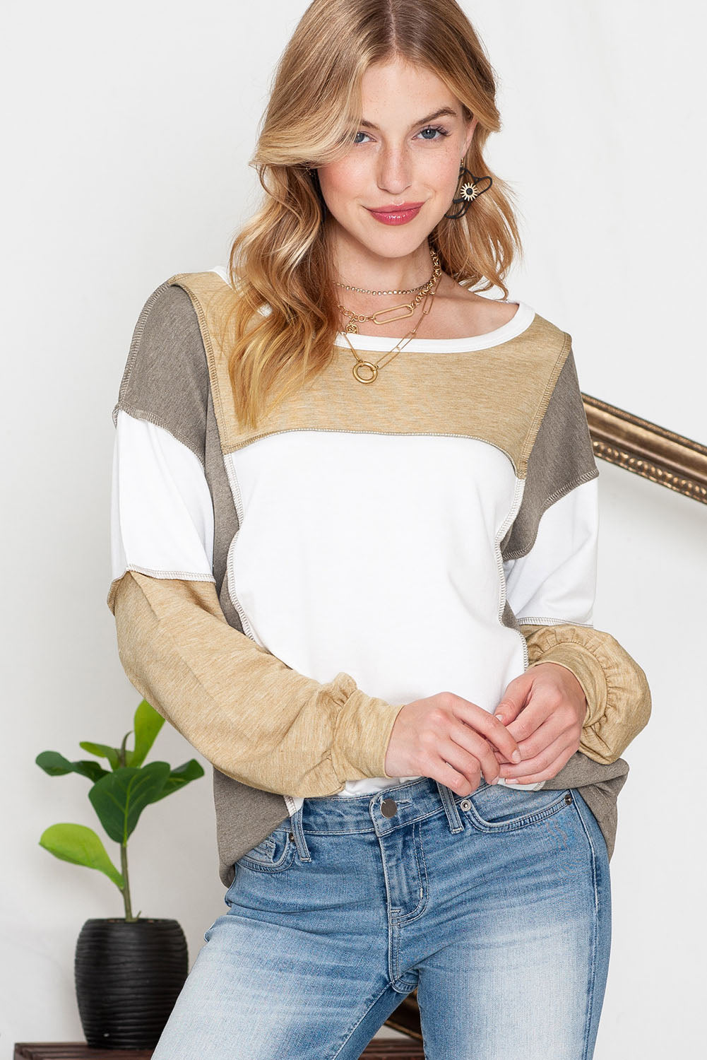 Khaki Color Block Exposed Seam Long Sleeve Top