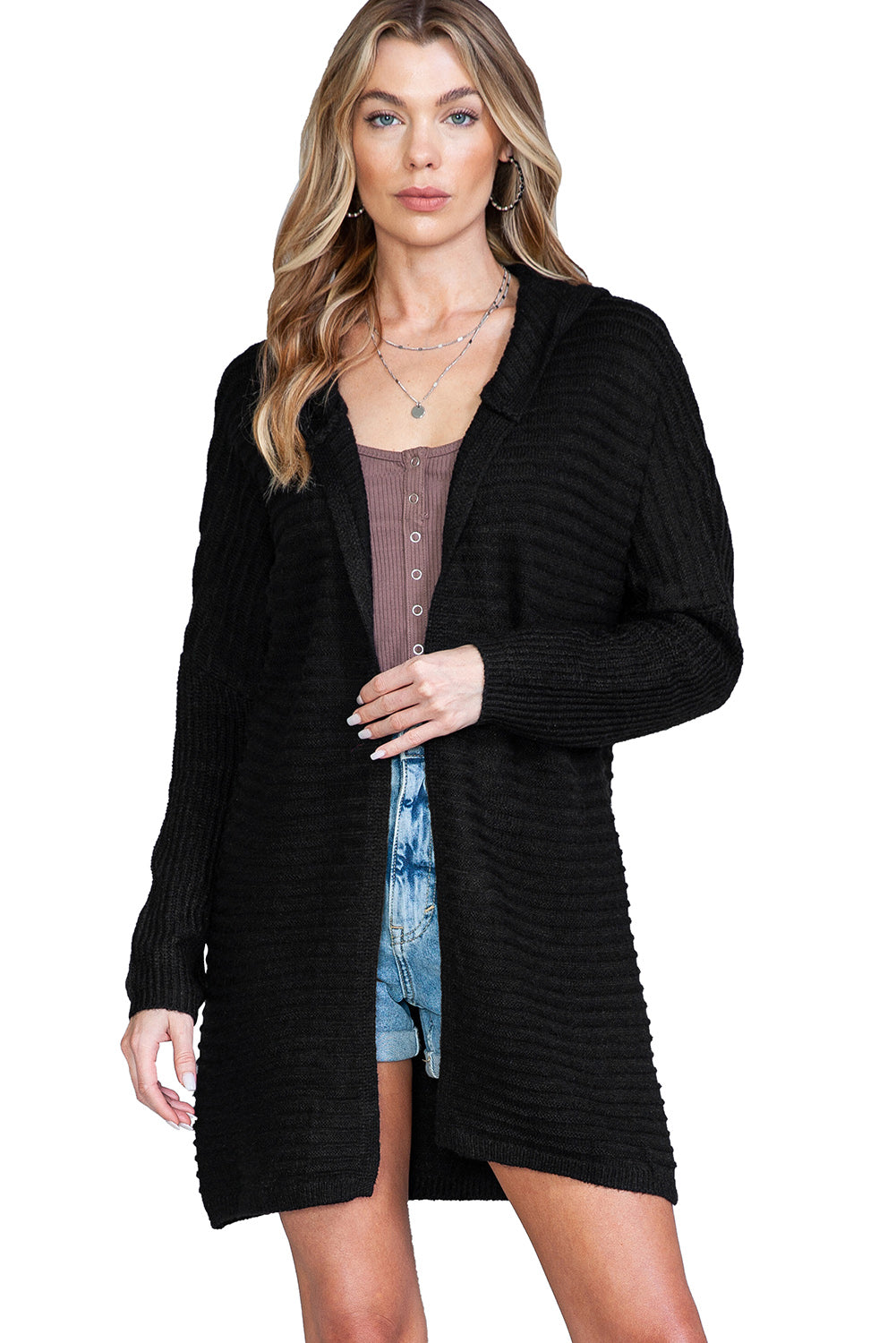 Black Horizontal Rib Knitted Open Front Hooded Cardigan