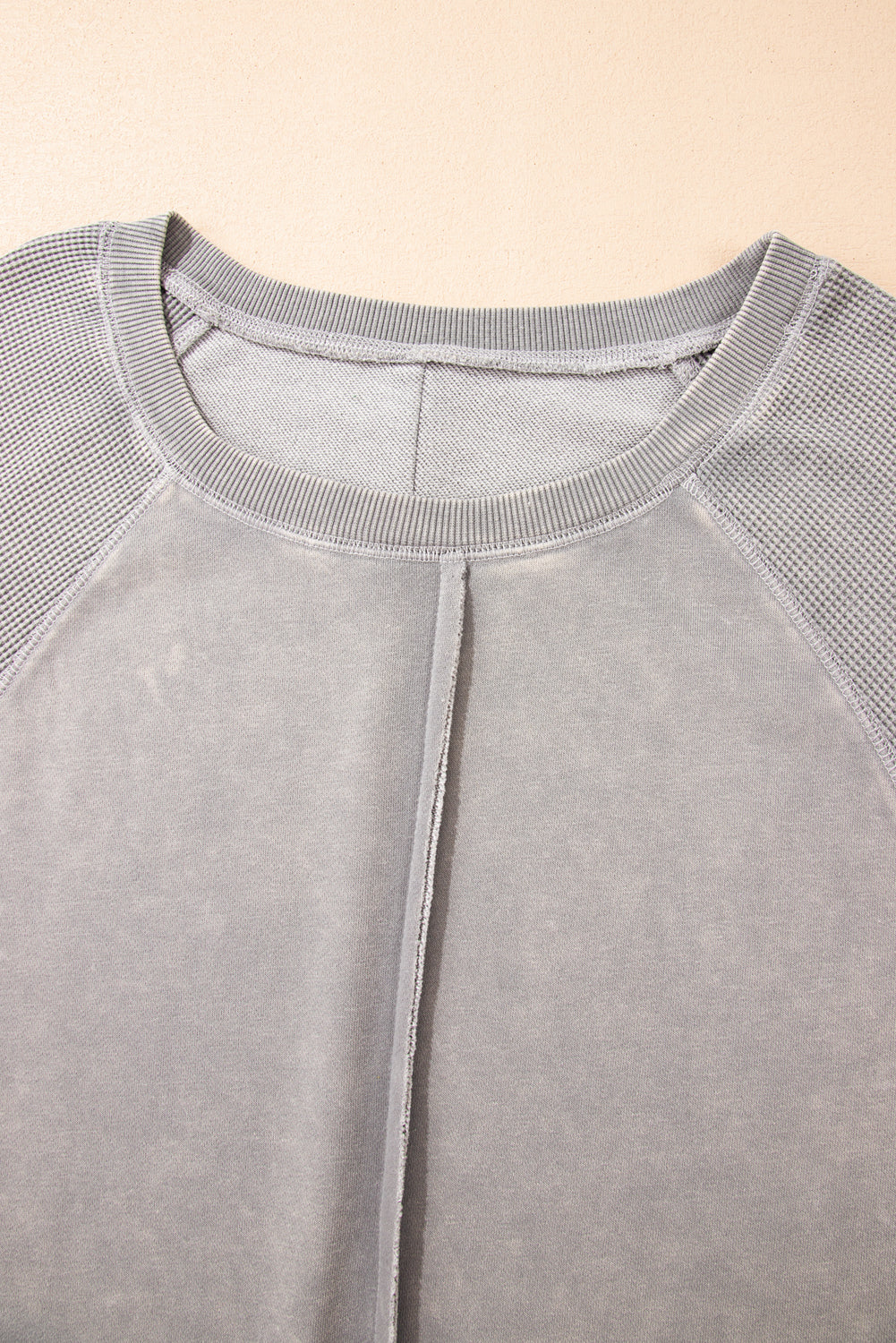 Orchid Petal Waffle Patchwork Raglan Sleeve Exposed Seam Sweatshirt