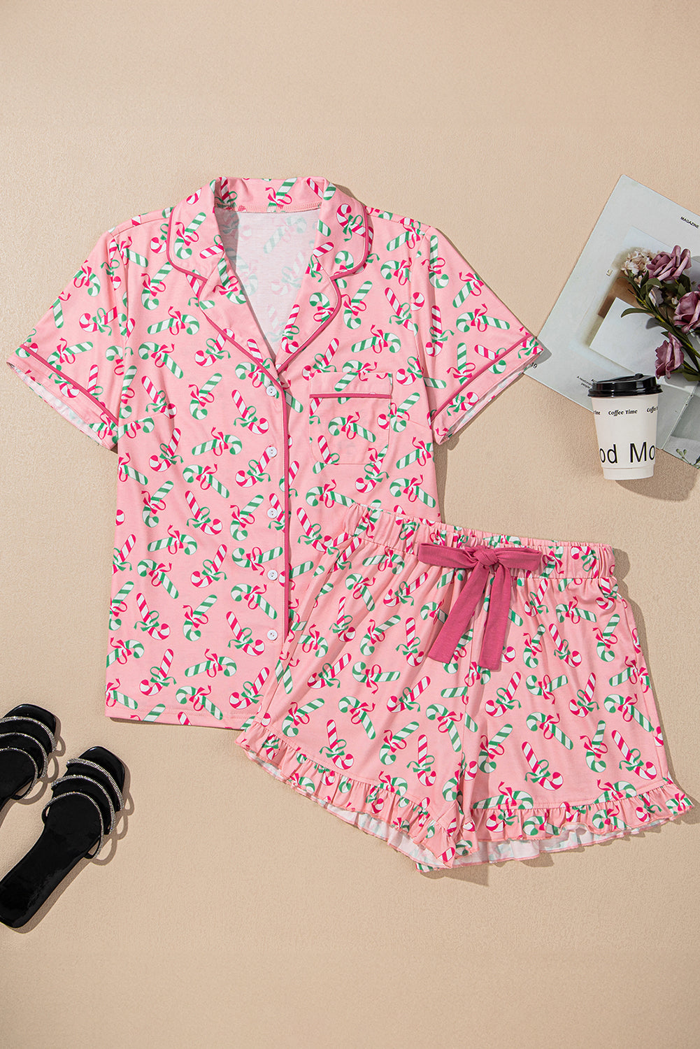 Pink Christmas Candy Cane Print Knotted Pajama Set