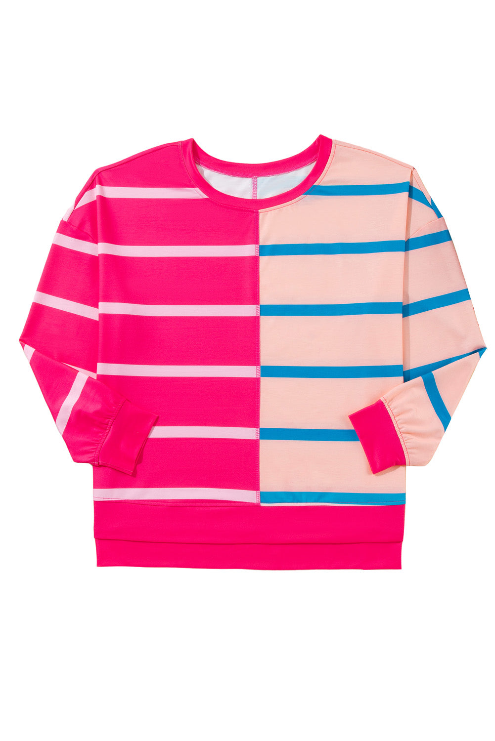 Rose Stripe Color Block Crewneck Long Sleeve Plus Size T Shirt