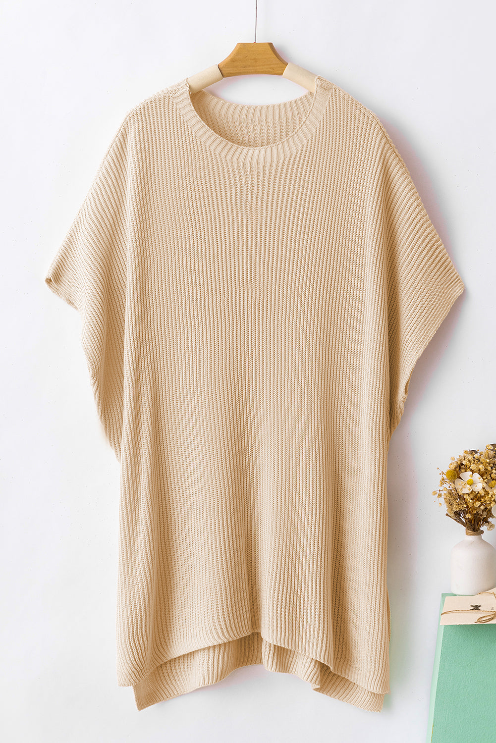 Apricot Side Slit Short Sleeve Oversized Sweater