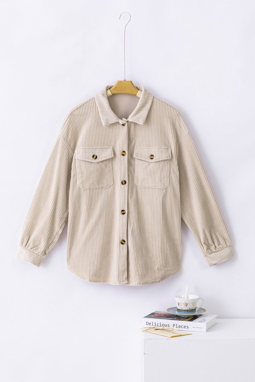 Khaki Corduroy Ribbed Flap Pocket Drop Shoulder Shacket