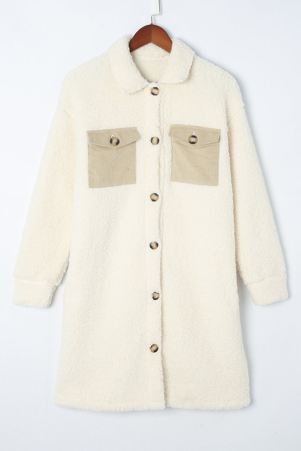 Beige Contrast Flap Pocket Single Breasted Teddy Coat