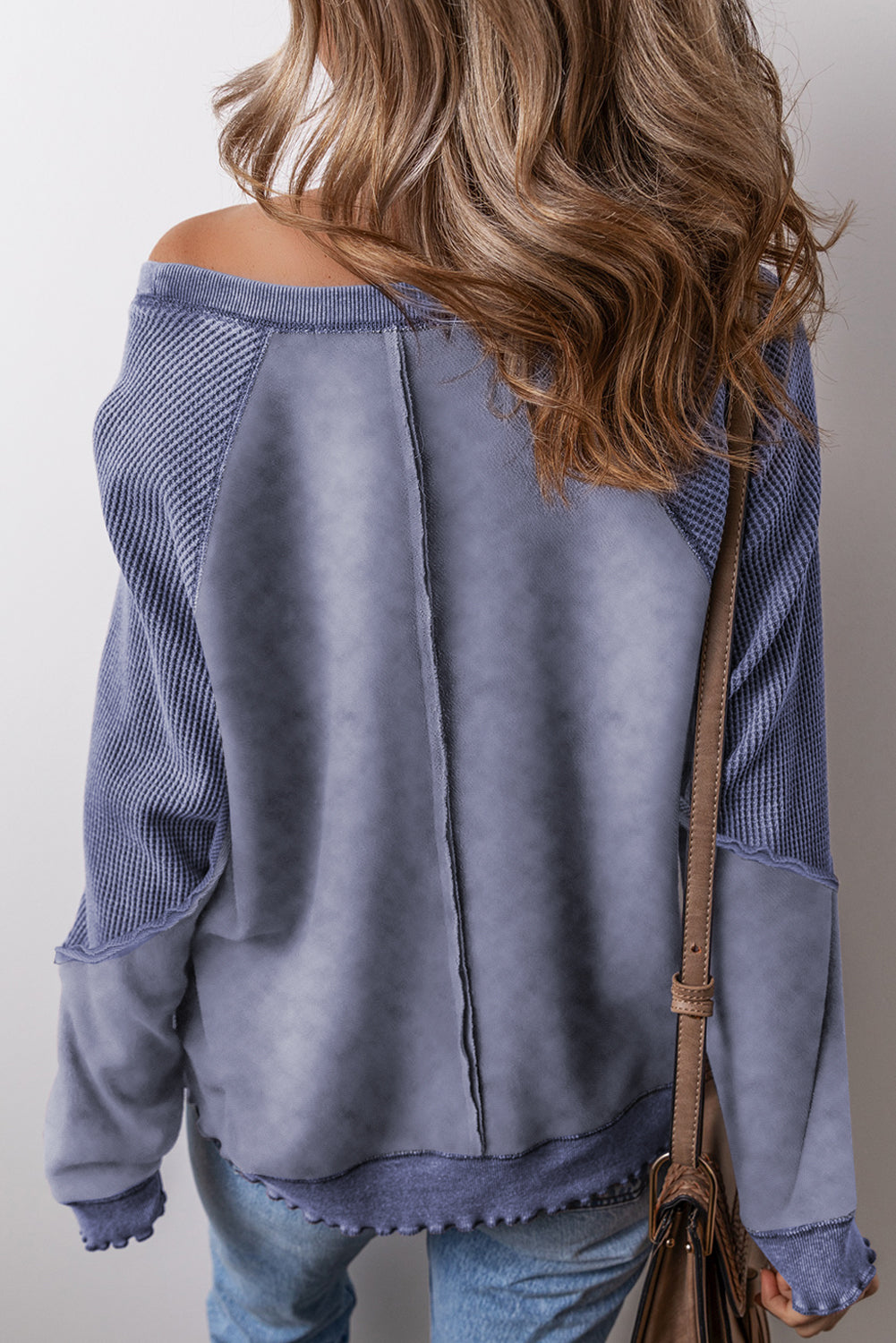 Orchid Petal Waffle Patchwork Raglan Sleeve Exposed Seam Sweatshirt