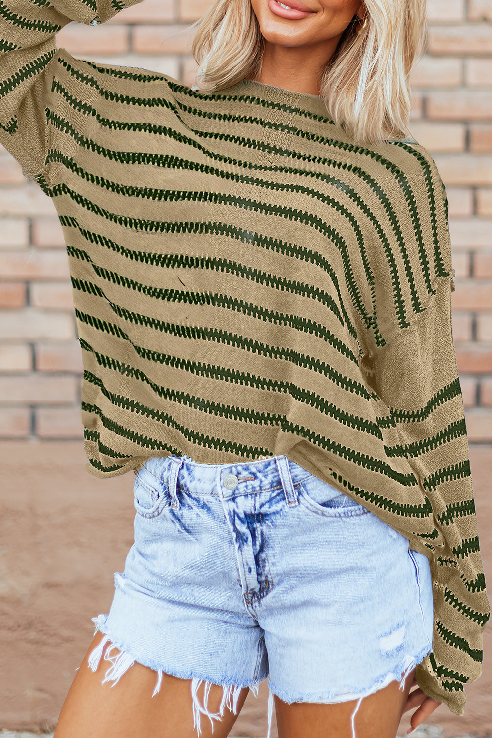 Khaki Casual Stripe Round Neck Drop Shoulder Sweater