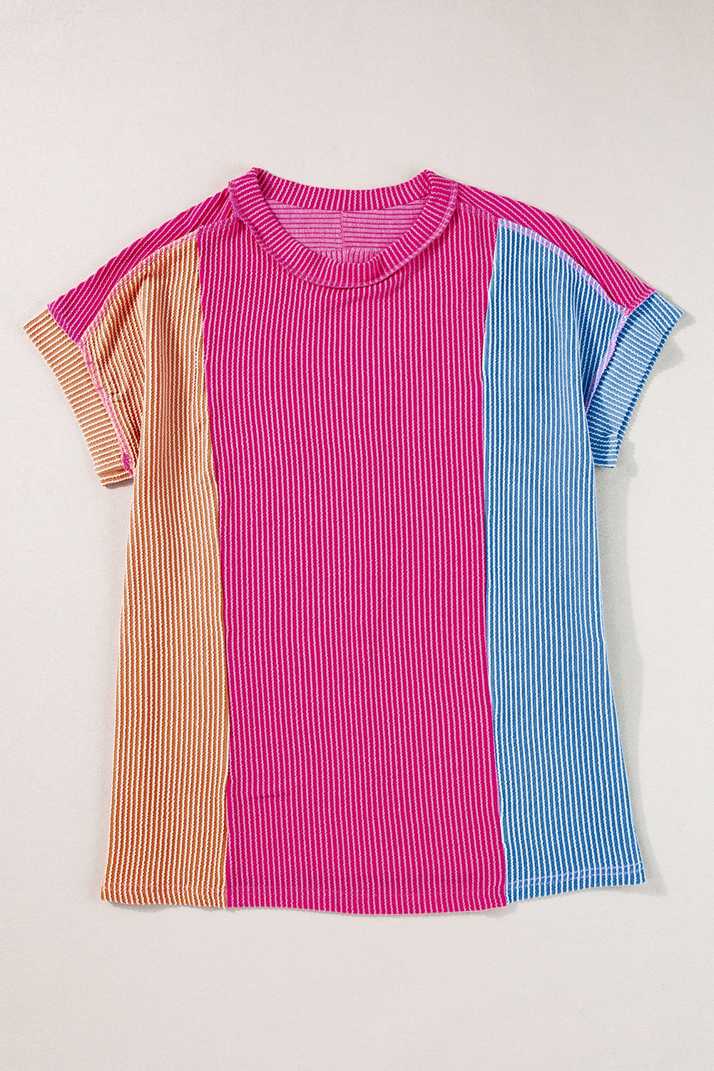 Pink Textured Colorblock Round Neck T Shirt