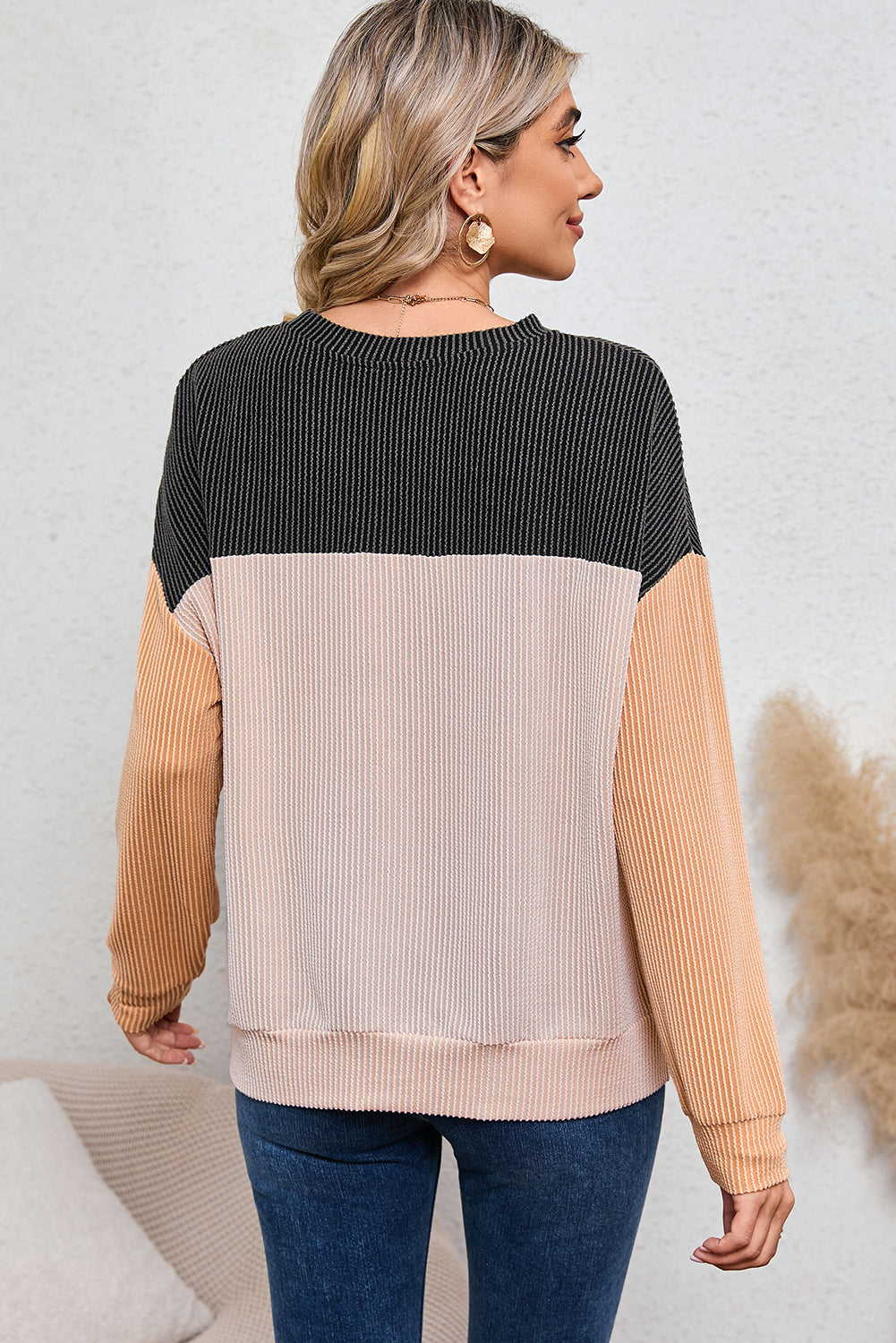 Khaki Color Block Ribbed Loose Long Sleeve Top