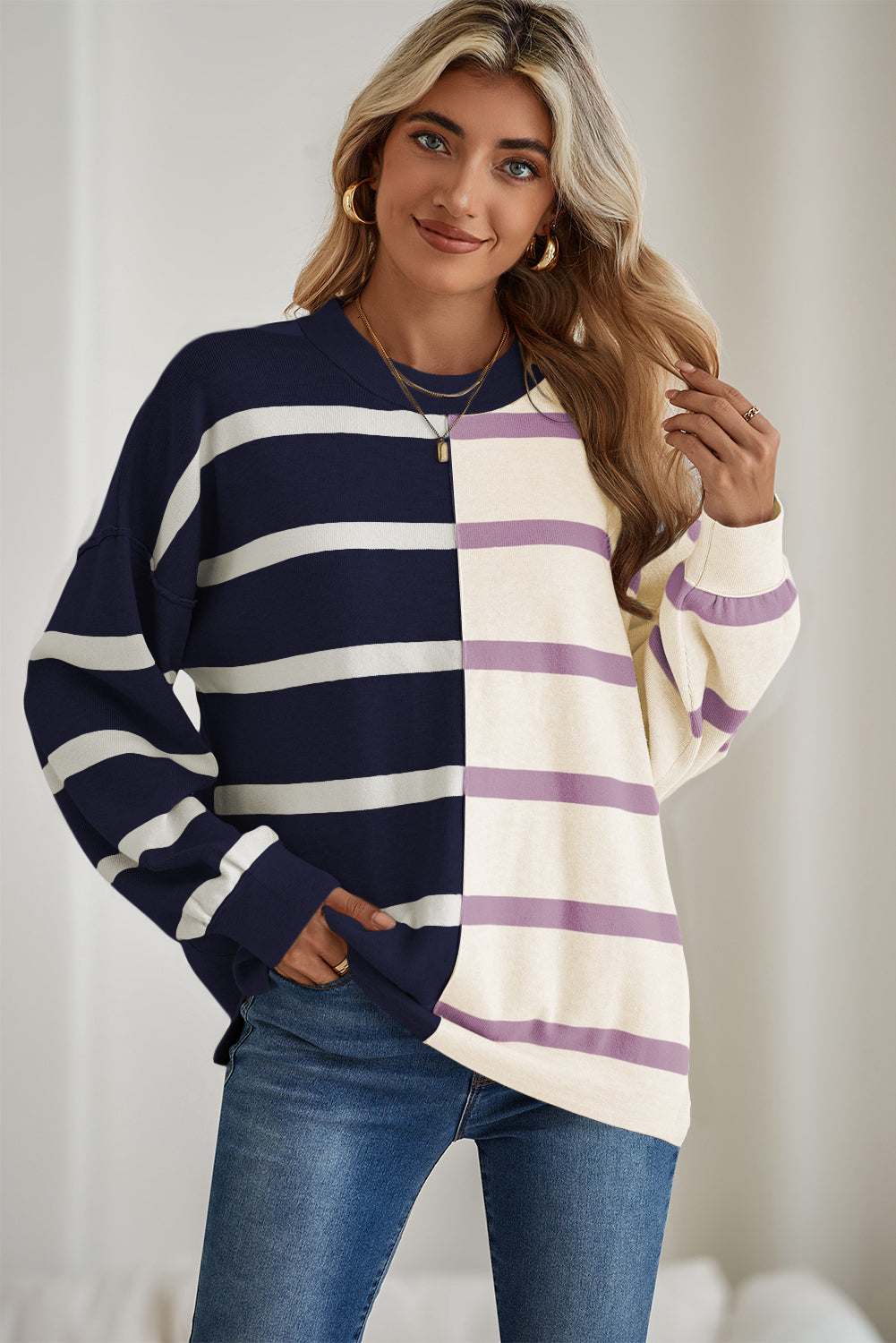 Khaki Stripe Exposed Seam Loose Sweatshirts