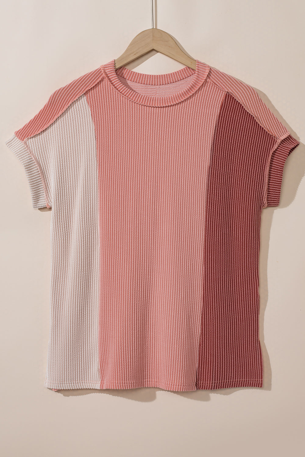 Pink Textured Colorblock Round Neck T Shirt