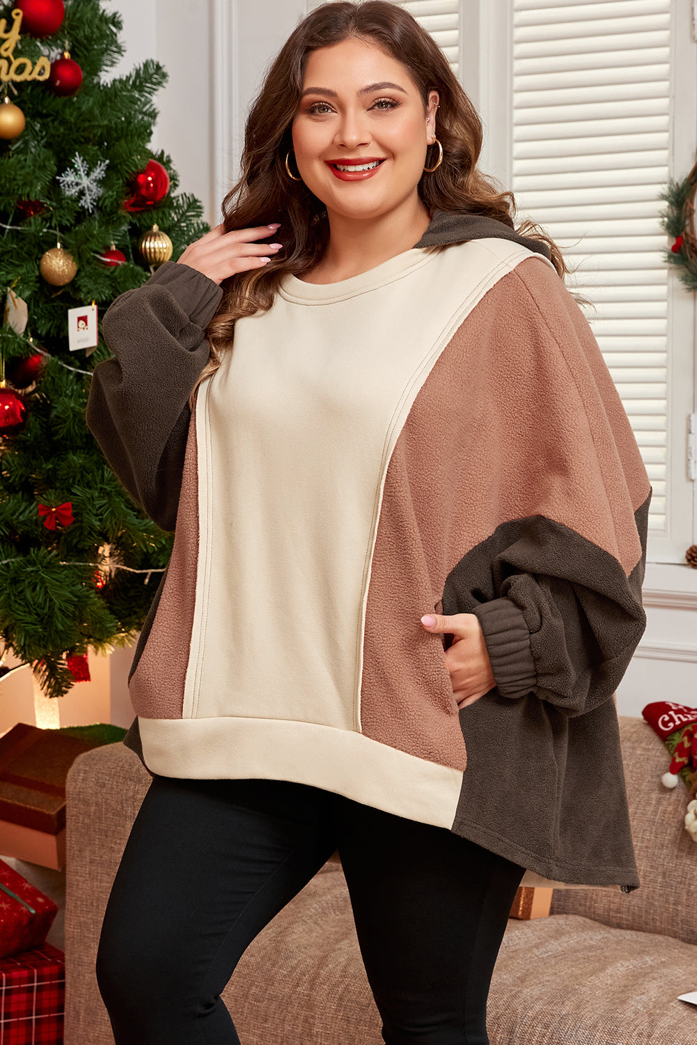 Brown Plus Size Exposed Seam Patchwork Sweatshirt