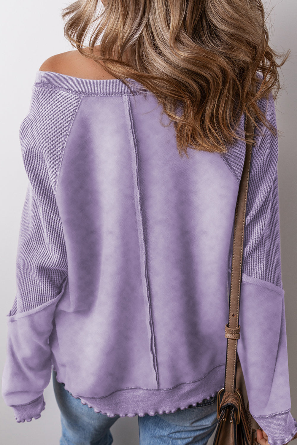 Orchid Petal Waffle Patchwork Raglan Sleeve Exposed Seam Sweatshirt