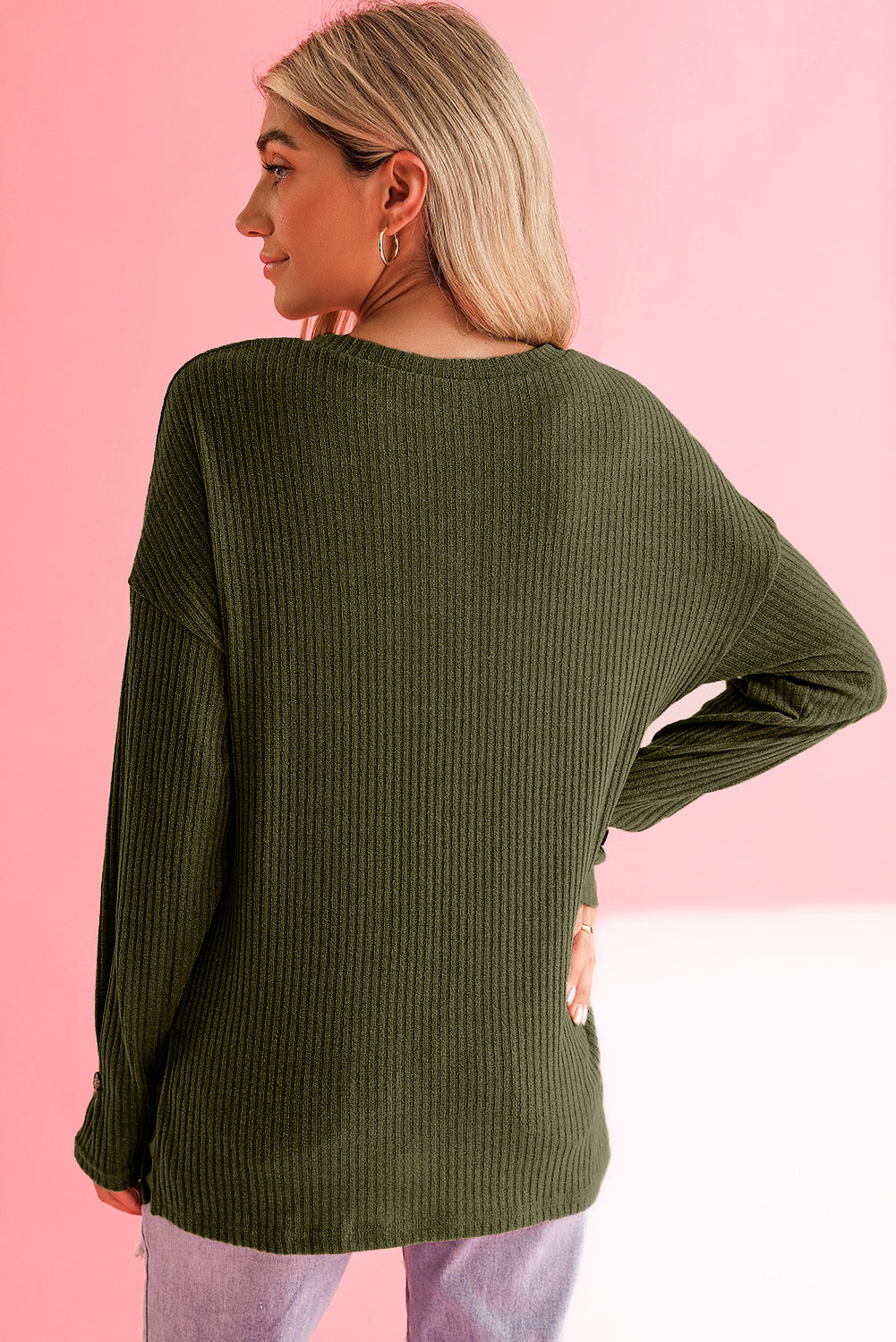 Khaki Drop Shoulder Ribbed Knit Long Sleeve Henley Top