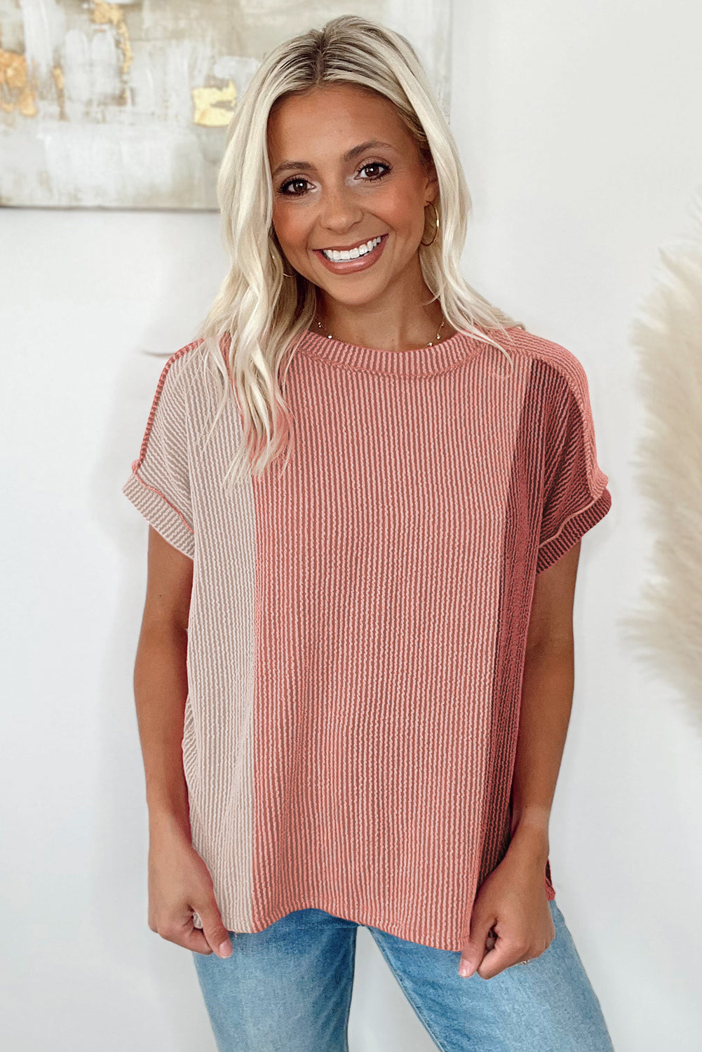 Pink Textured Colorblock Round Neck T Shirt