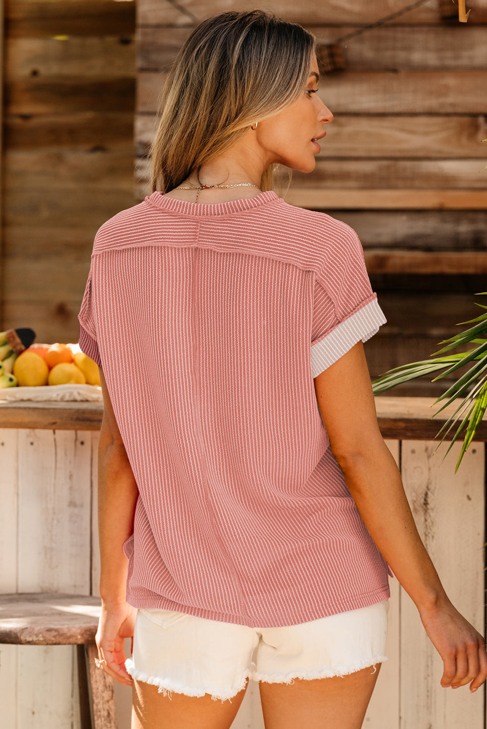 Pink Textured Colorblock Round Neck T Shirt