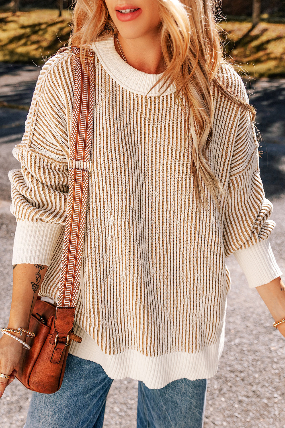 Chestnut Striped Contrast Trim Loose Sweater