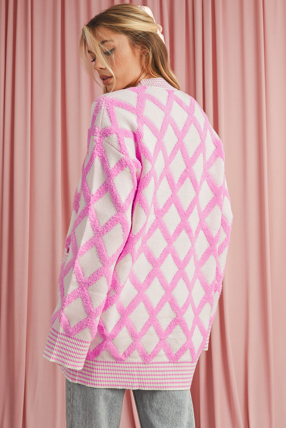 Pink Checkered Pockets Open Front Cardigan