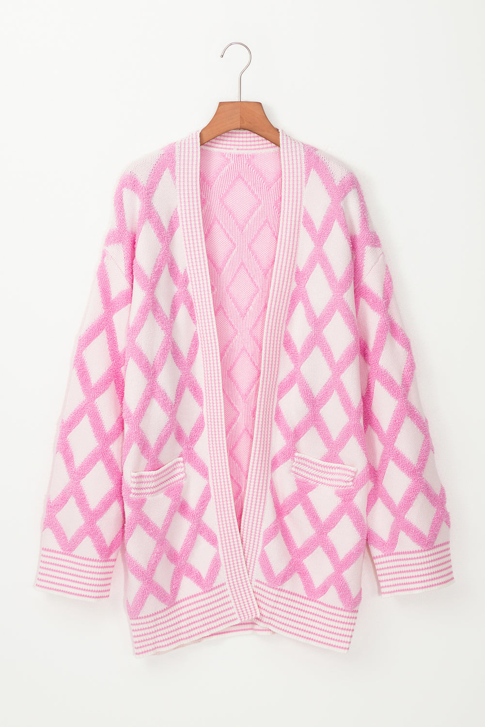 Pink Checkered Pockets Open Front Cardigan