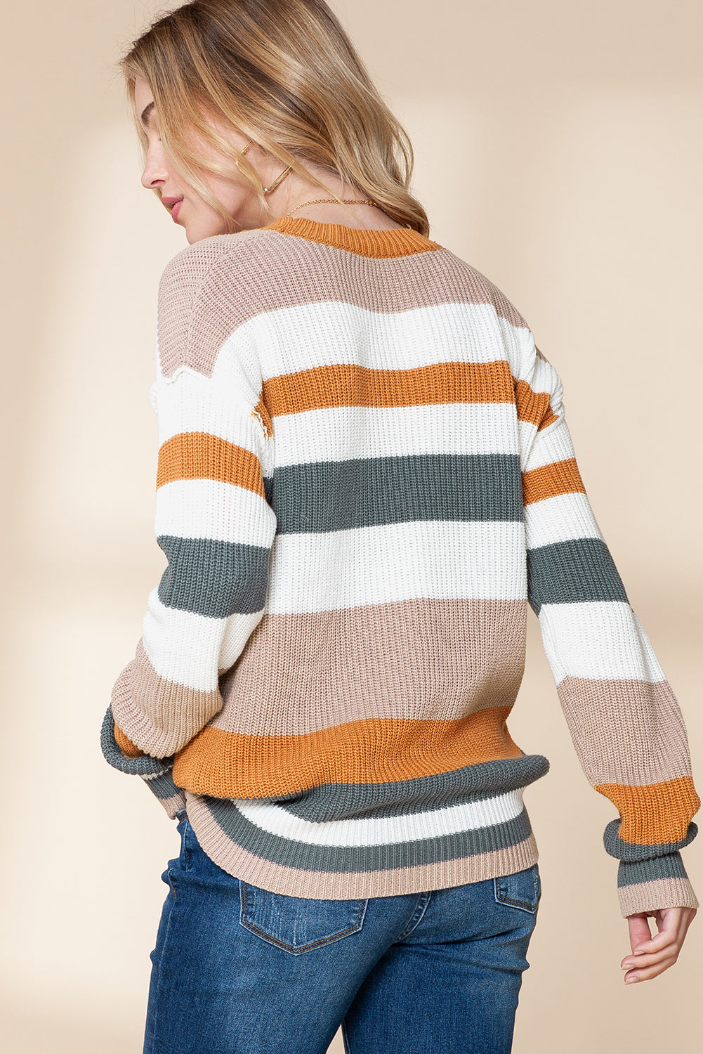 Camel Ribbed Round Neck Color Block Knitted Sweater