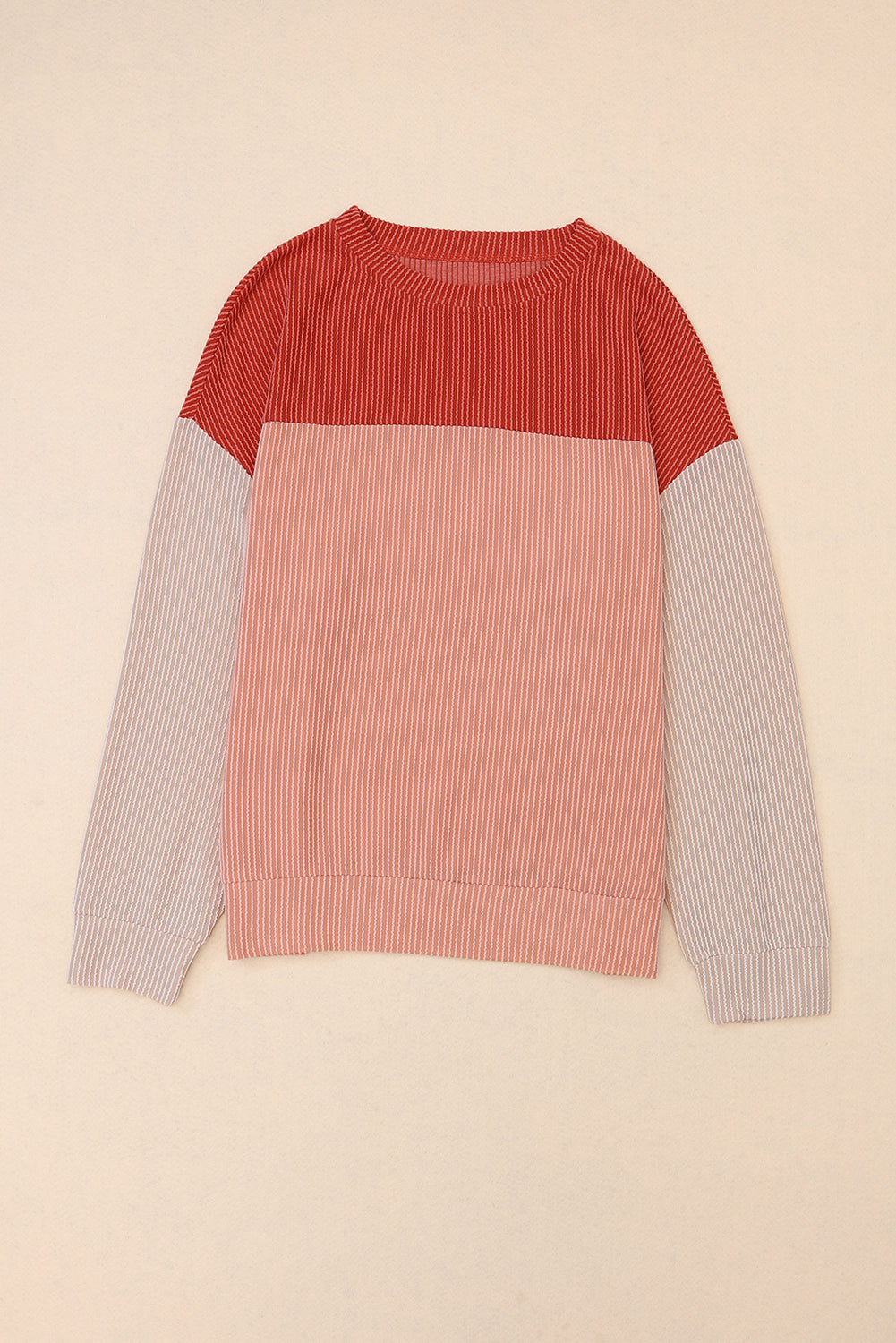 Khaki Color Block Ribbed Loose Long Sleeve Top