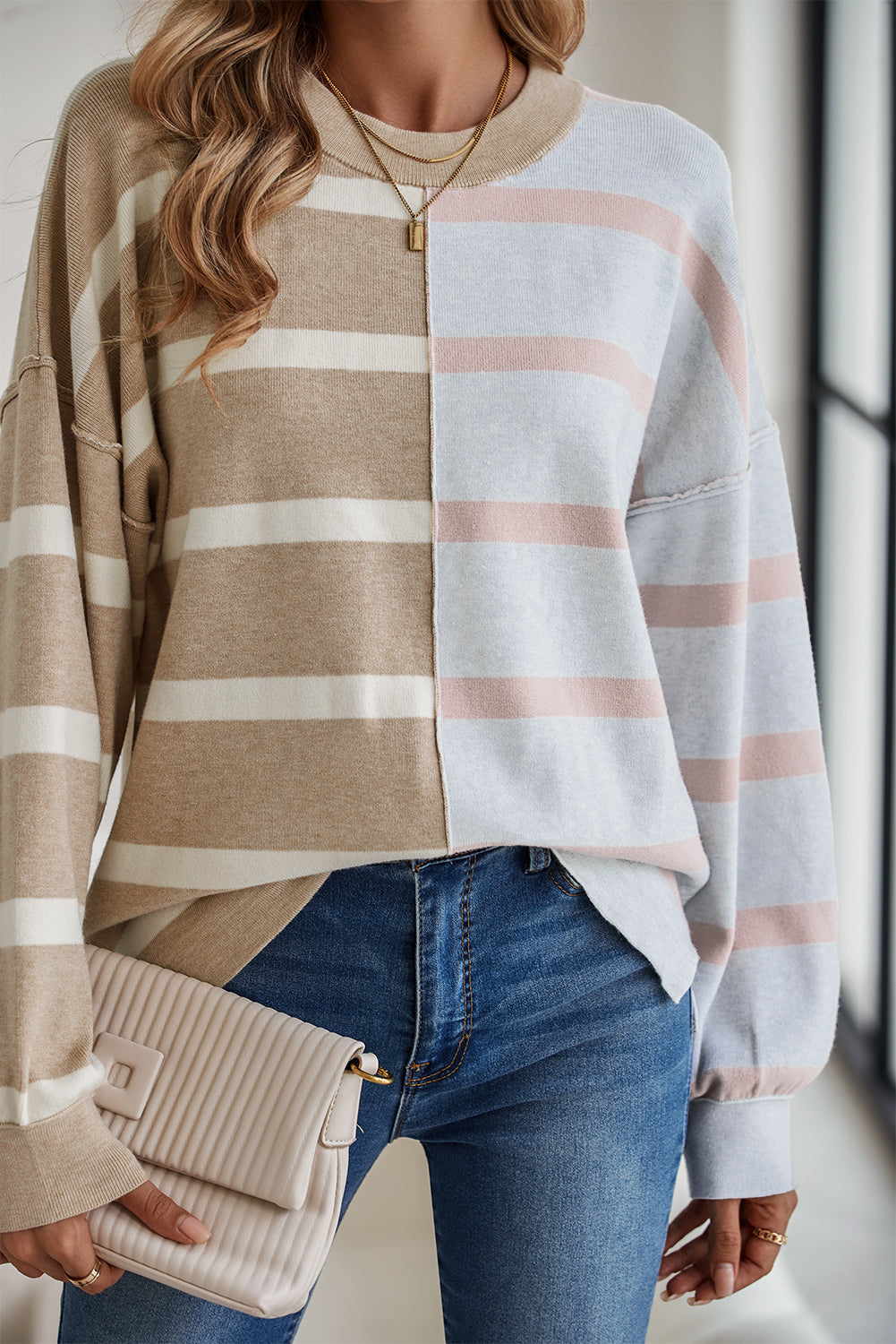 Khaki Stripe Exposed Seam Loose Sweatshirts