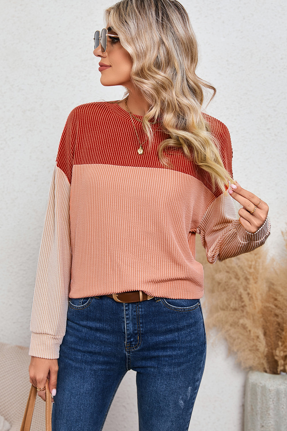 Khaki Color Block Ribbed Loose Long Sleeve Top