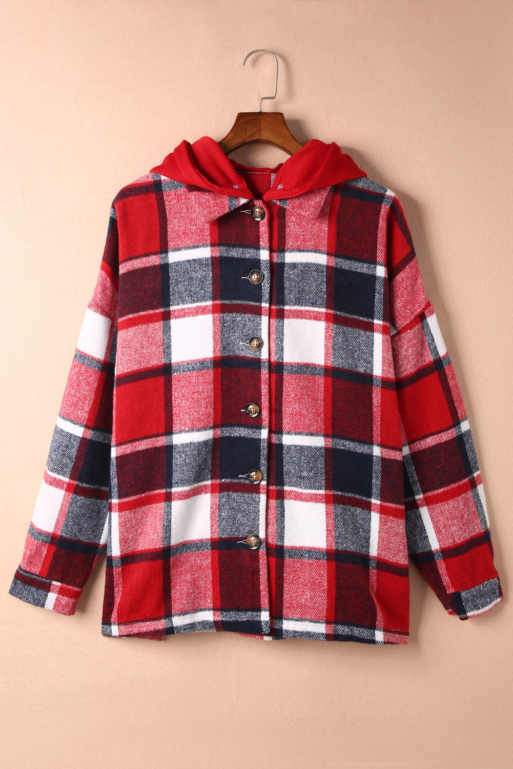 Red Plaid Button Front Hooded Shacket