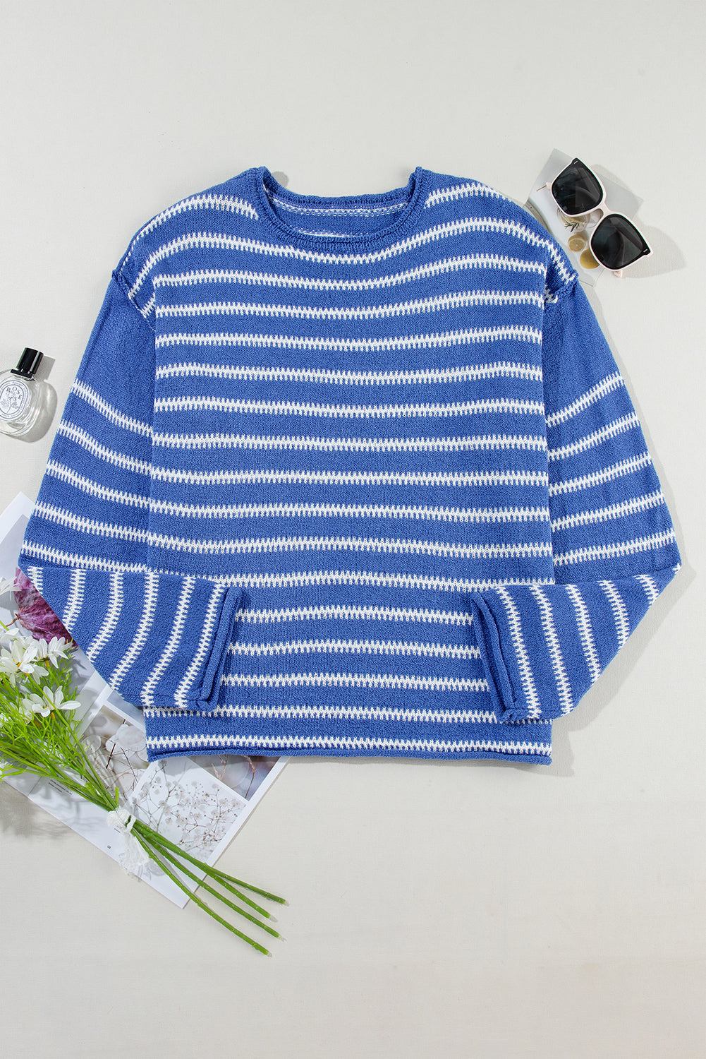 Khaki Casual Stripe Round Neck Drop Shoulder Sweater