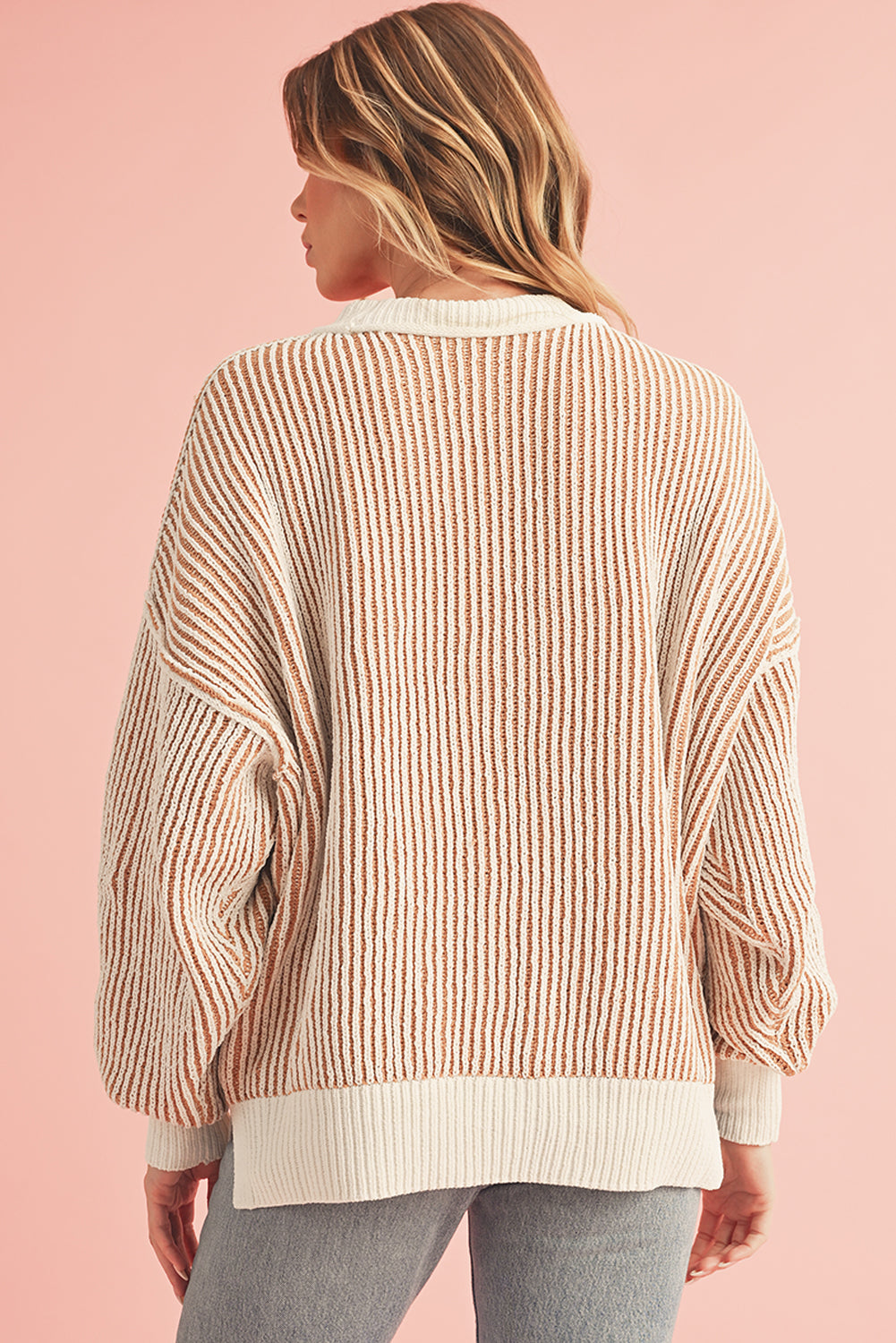 Chestnut Striped Contrast Trim Loose Sweater