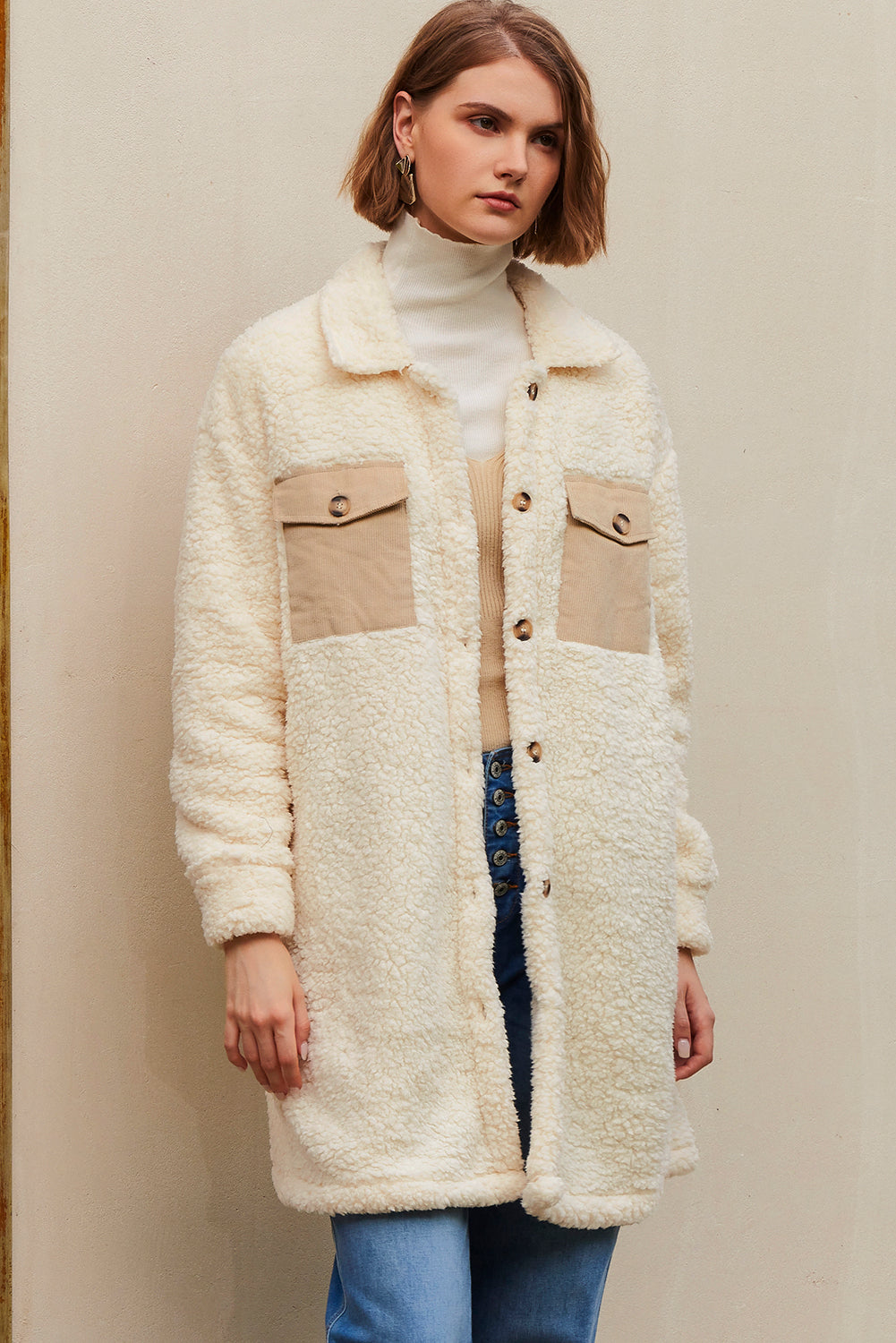 Beige Contrast Flap Pocket Single Breasted Teddy Coat