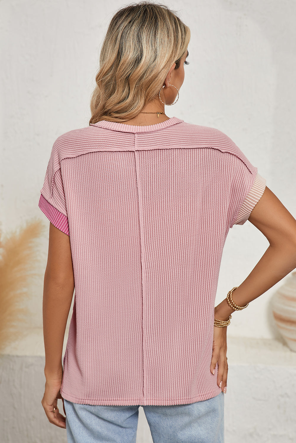 Pink Textured Colorblock Round Neck T Shirt