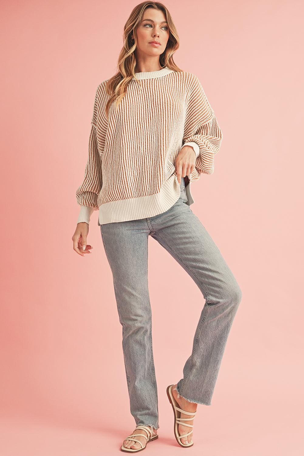 Chestnut Striped Contrast Trim Loose Sweater