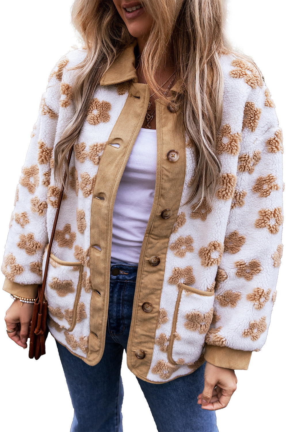 Light French Beige Cute Flower Pattern Button Up Fleece Jacket