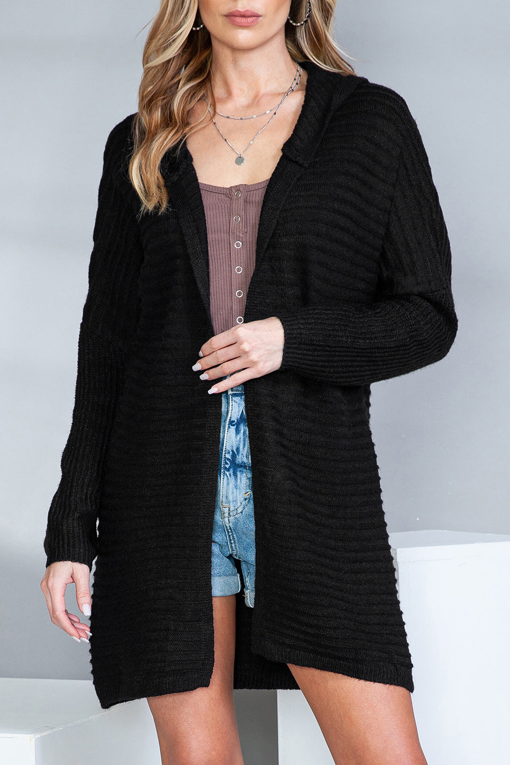 Black Horizontal Rib Knitted Open Front Hooded Cardigan