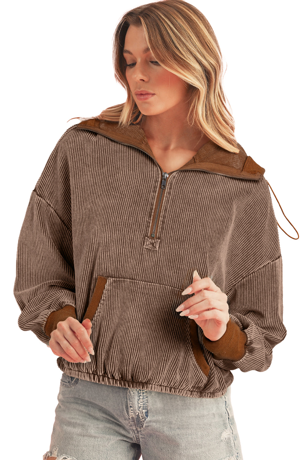 Chestnut Half Zipper Kangaroo Pocket Drawstring Corduroy Hoodie