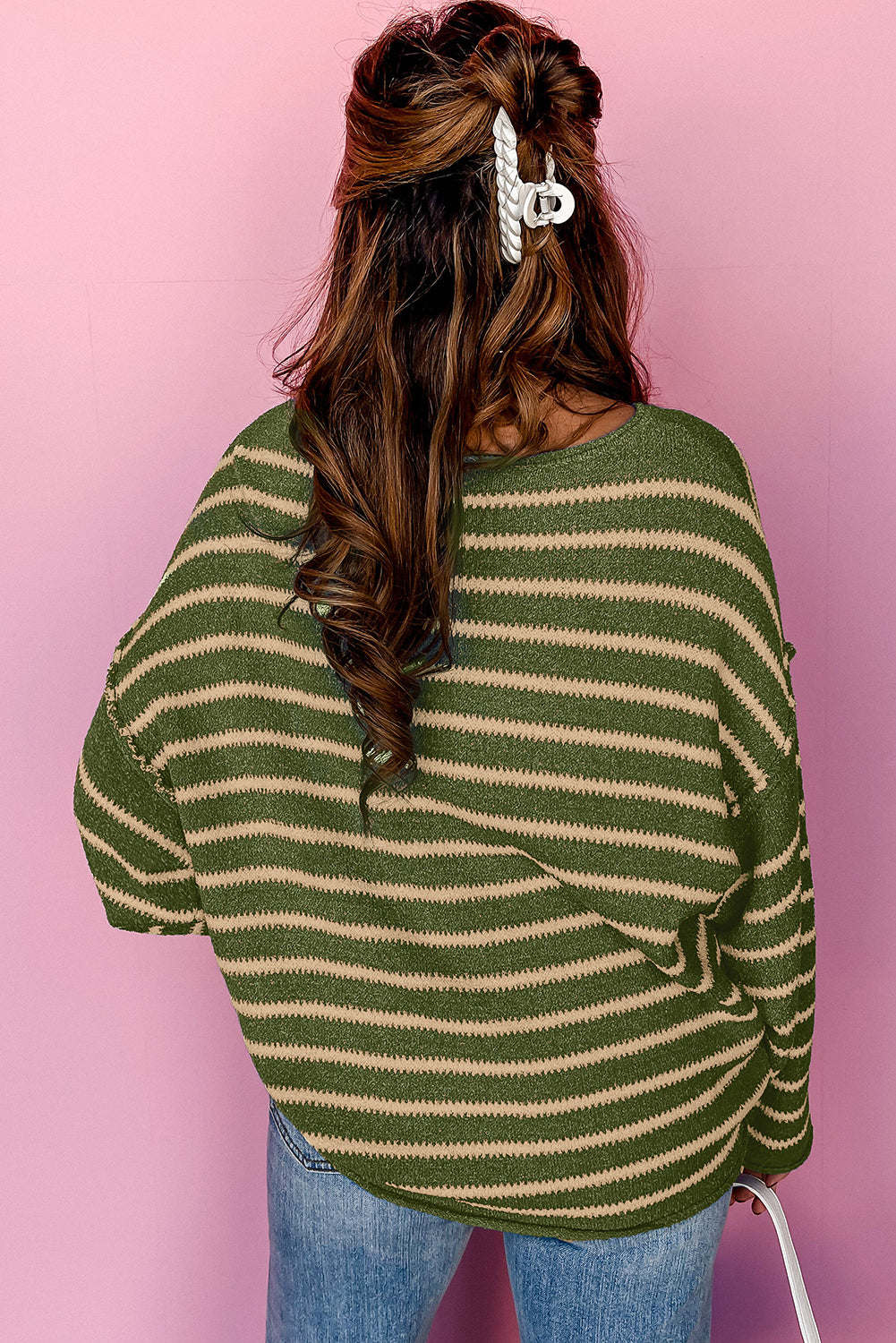 Khaki Casual Stripe Round Neck Drop Shoulder Sweater