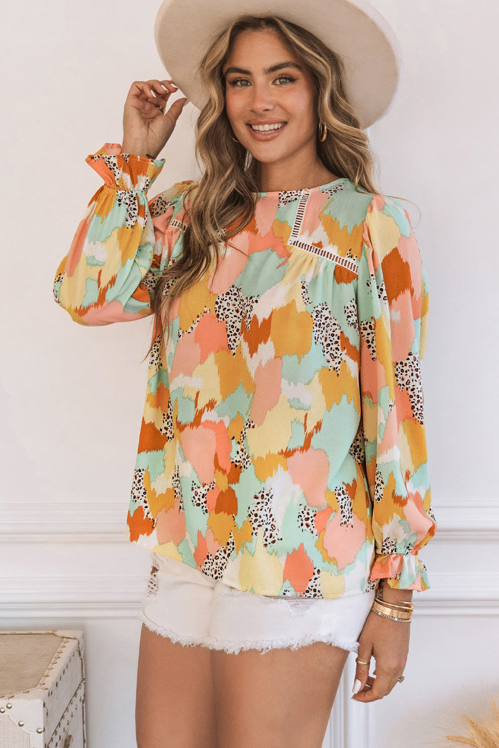 Multicolor Abstract Print Boho Frill Long Sleeve Blouse