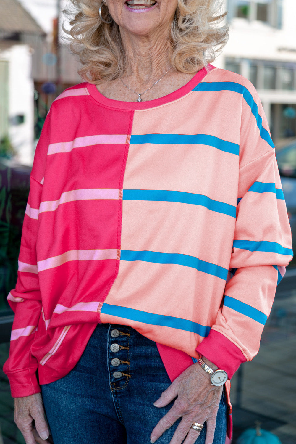 Rose Stripe Color Block Crewneck Long Sleeve Plus Size T Shirt