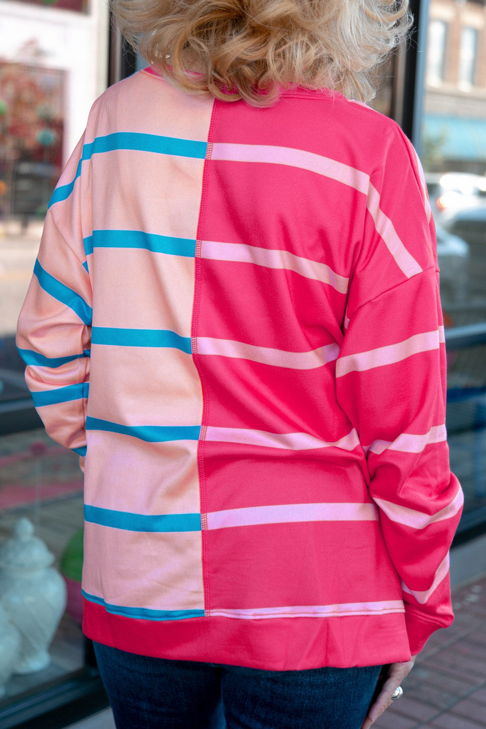 Rose Stripe Color Block Crewneck Long Sleeve Plus Size T Shirt