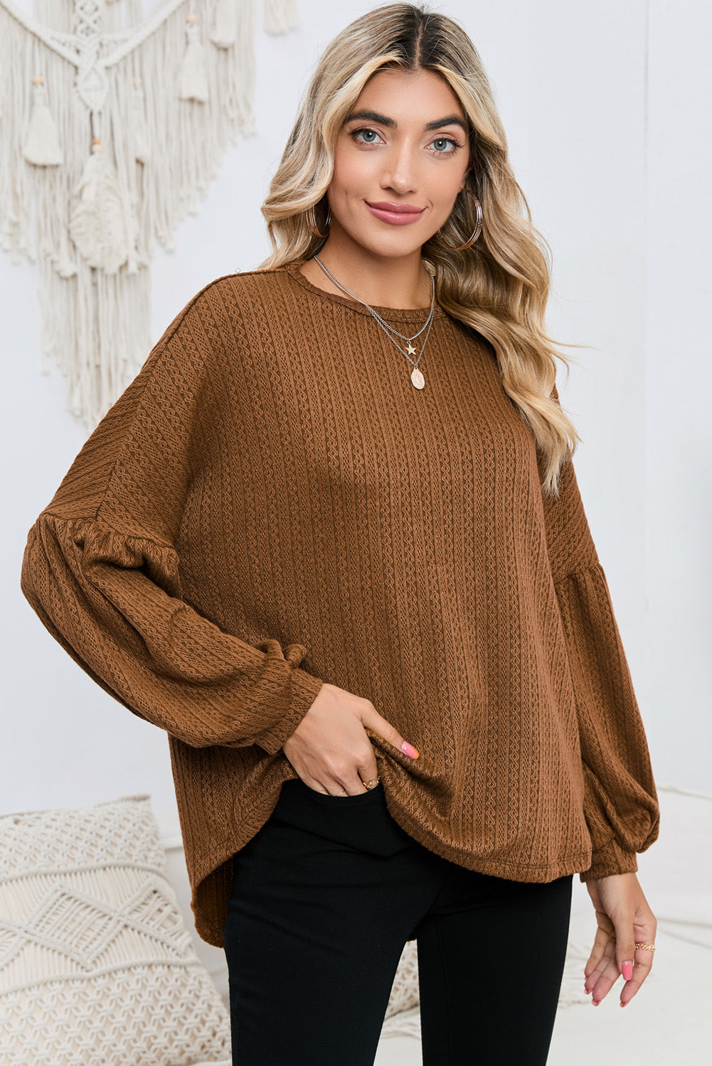 Brown Solid Color Textured Pullover Casual Long Sleeve Top