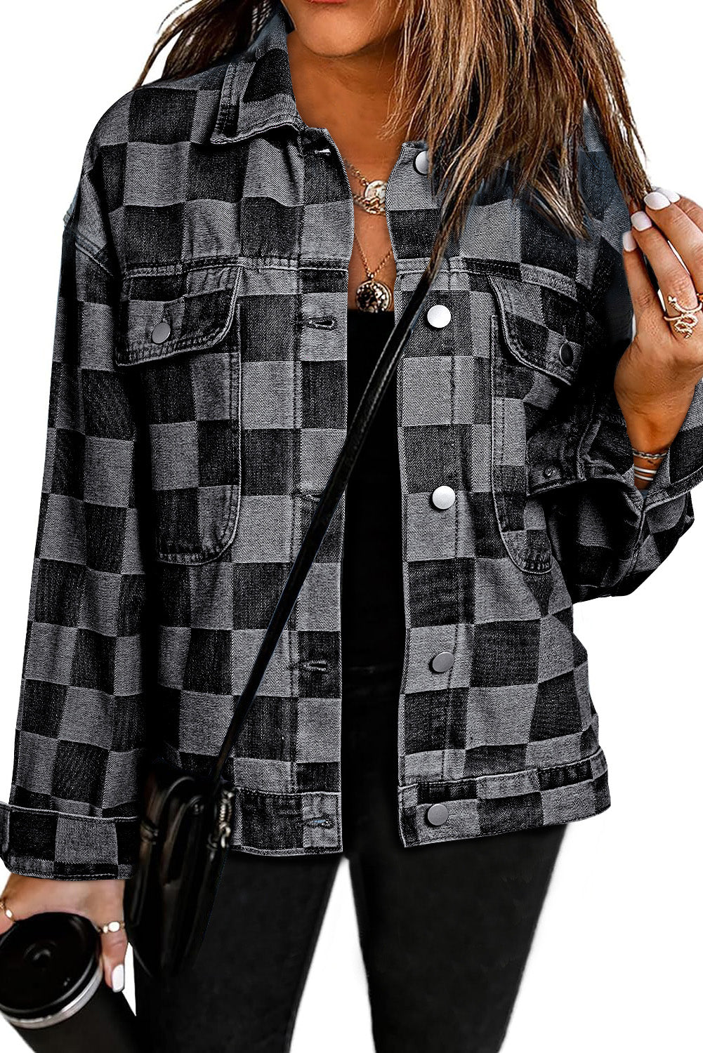 Black Checkered Patchwork Button Up Denim Jacket