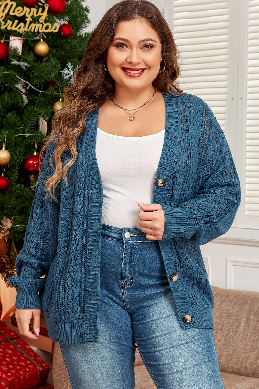 Real Teal Hollow Knit V Neck Button Front Plus Size Cardigan