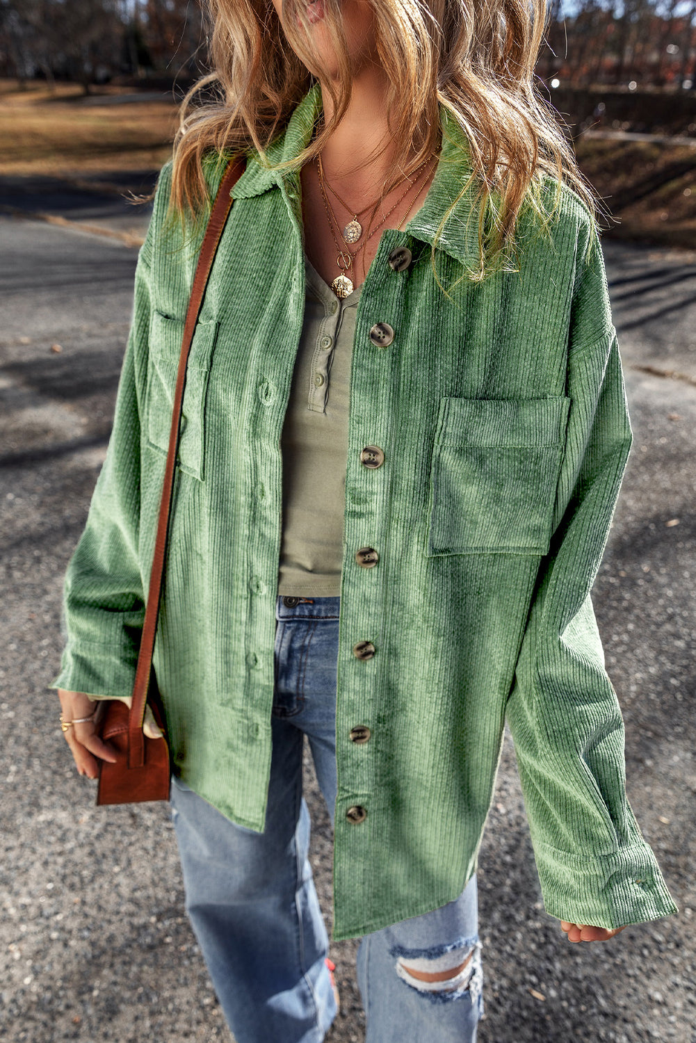 Light French Beige Patched Pocket Button-Up Corduroy Shacket