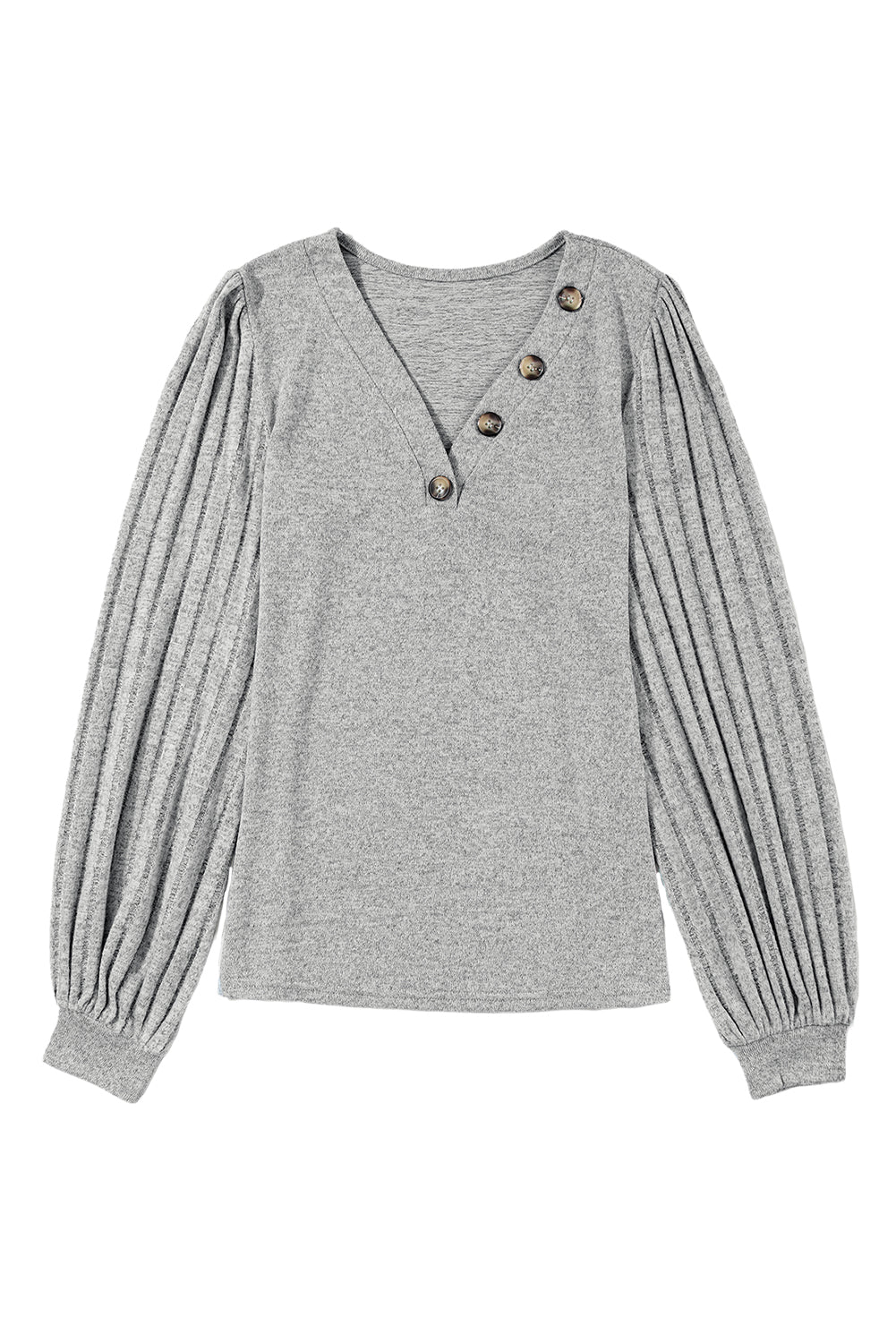 Light Grey Button Detail V Neck Ribbed Bishop Sleeve Top