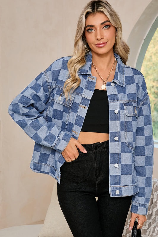 Black Checkered Patchwork Button Up Denim Jacket