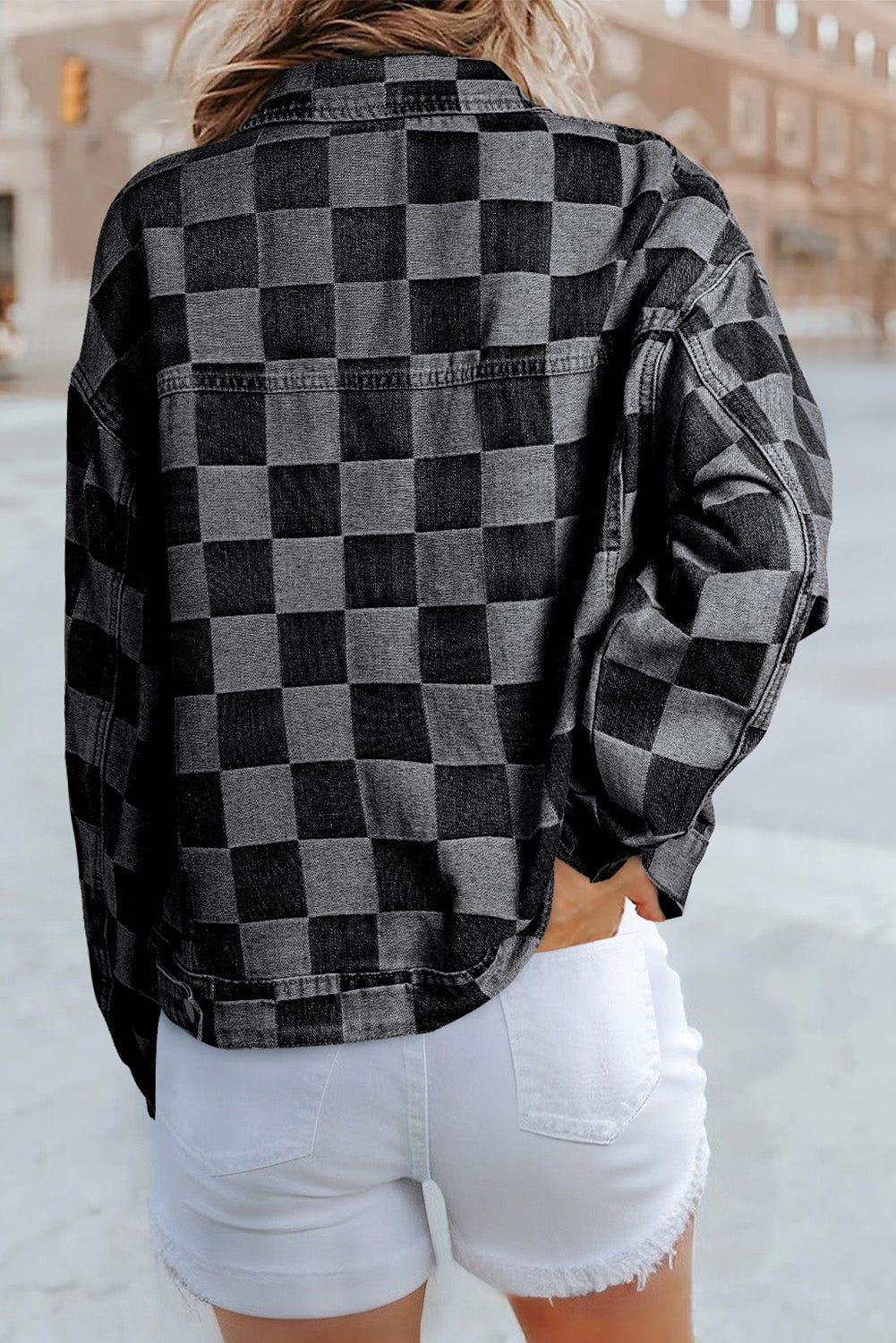 Black Checkered Patchwork Button Up Denim Jacket