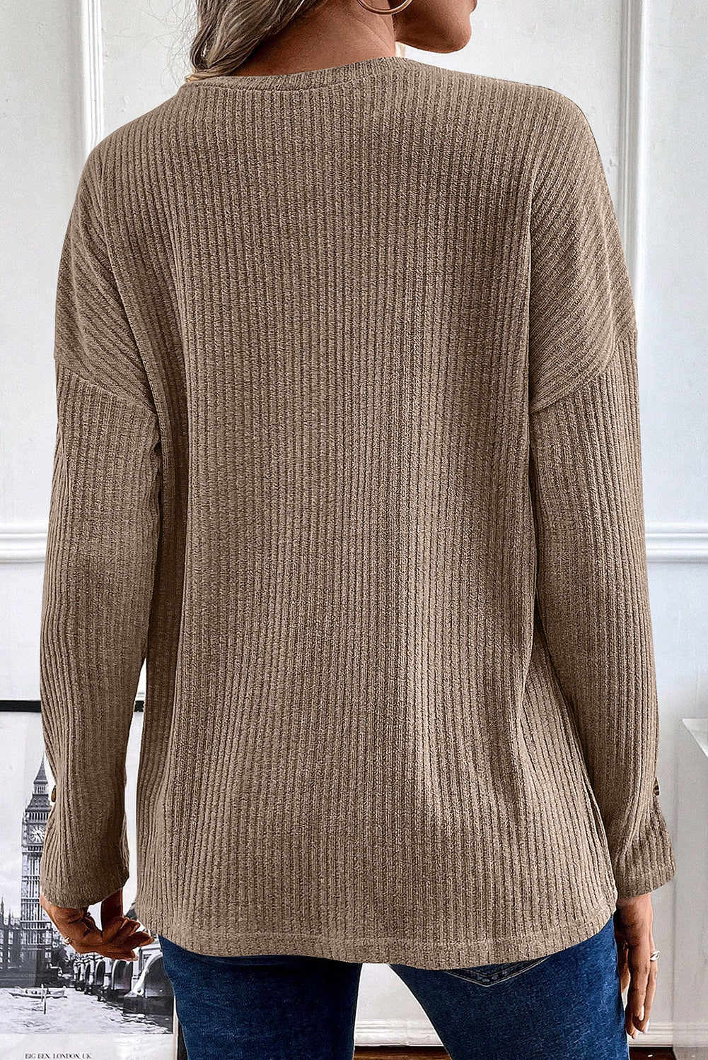 Khaki Drop Shoulder Ribbed Knit Long Sleeve Henley Top