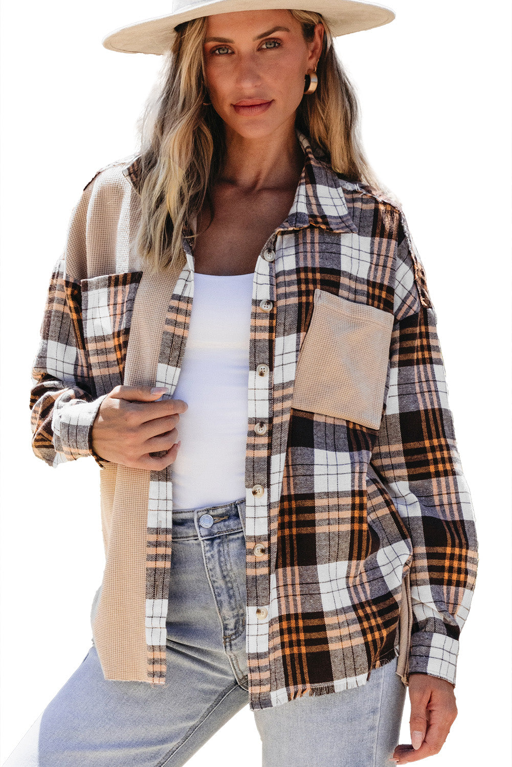 Khaki Plaid Knit Patchwork Chest Pocket Shacket