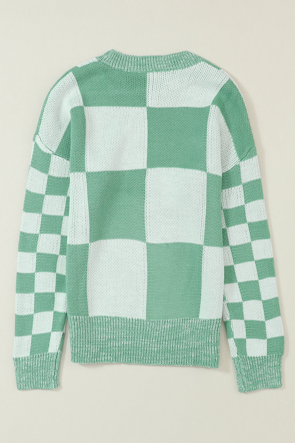 Mint Green Plaid Knitted Drop Shoulder Sweater